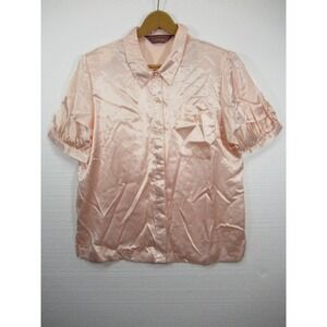 Vintage 90s Worthington Shiny Satin Secretary Blouse Women 14 Pink Short Sleeve